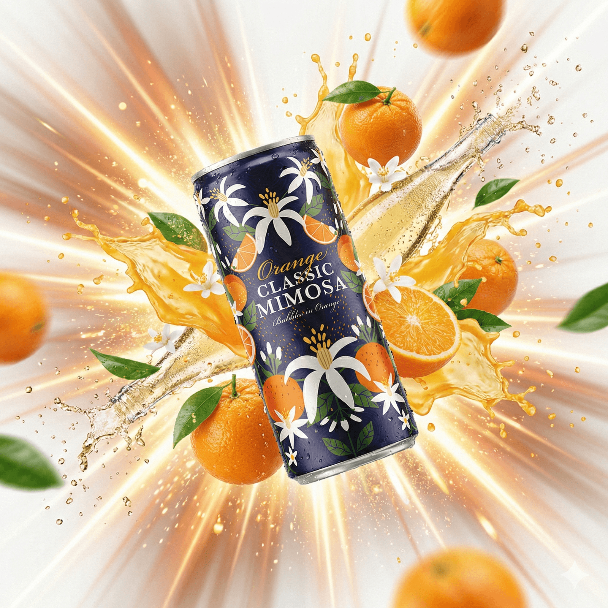 Camimosa can with exploding orange juice and flying oranges