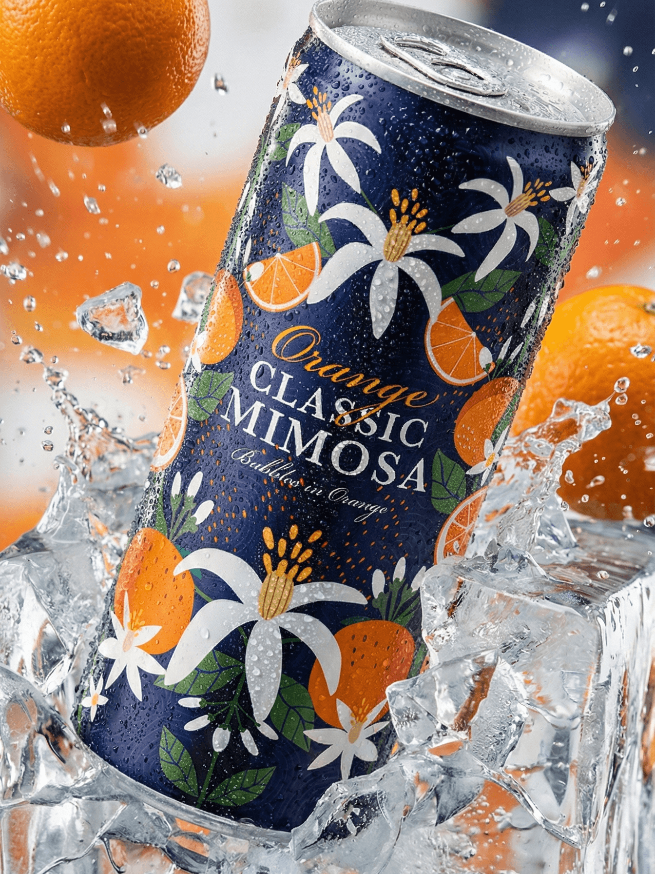 Camimosa can bursting through ice with oranges and water splash