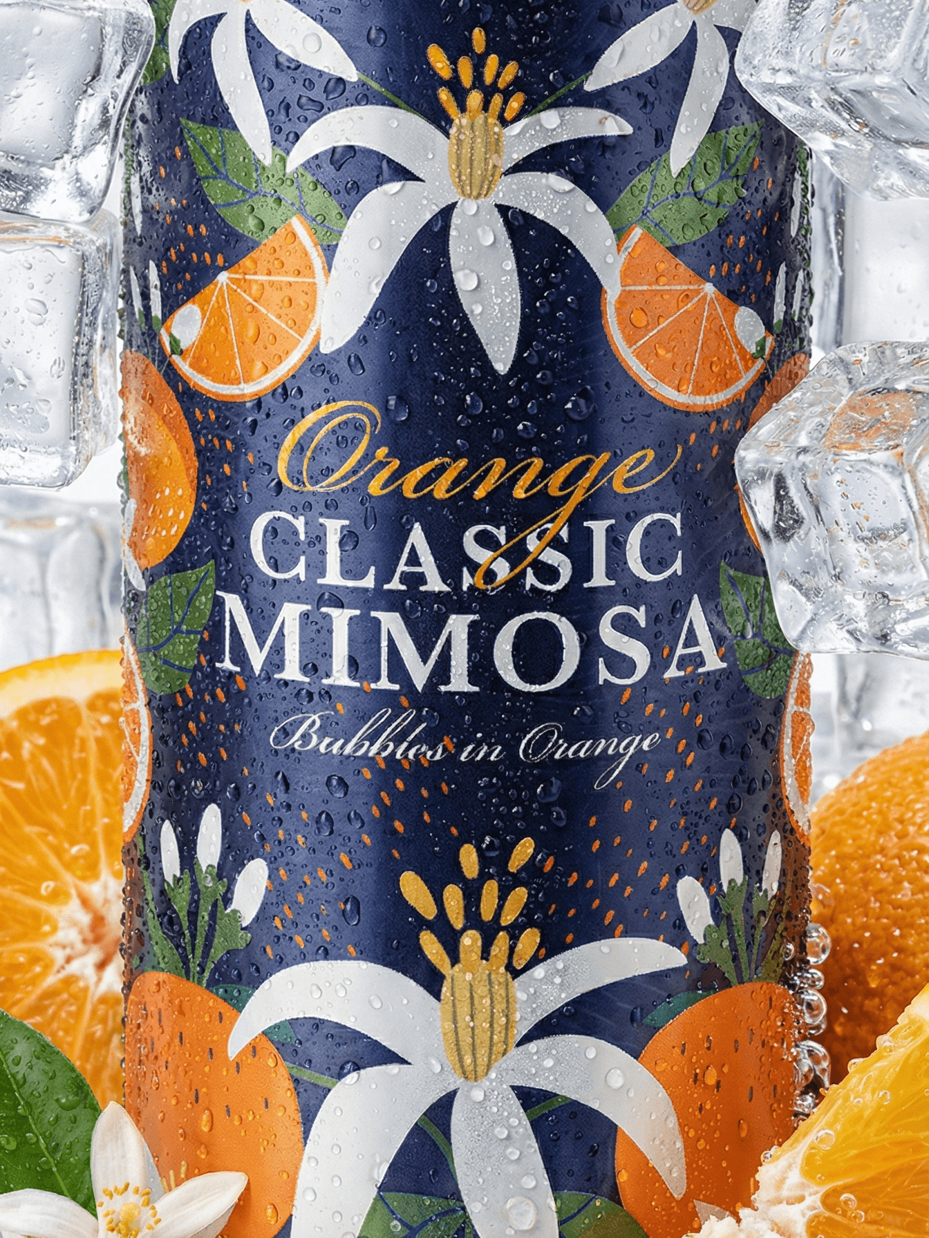 Camimosa can surrounded by ice cubes and fresh orange slices