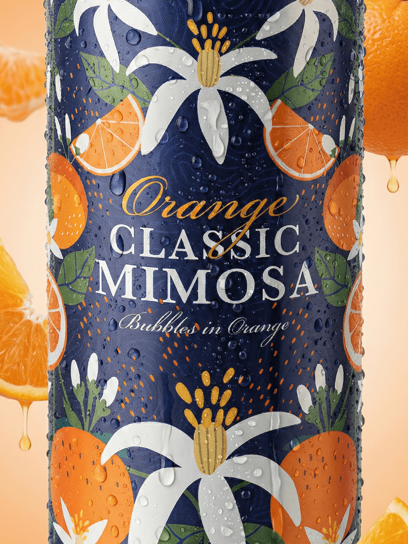 Classic Mimosa can on vibrant orange background