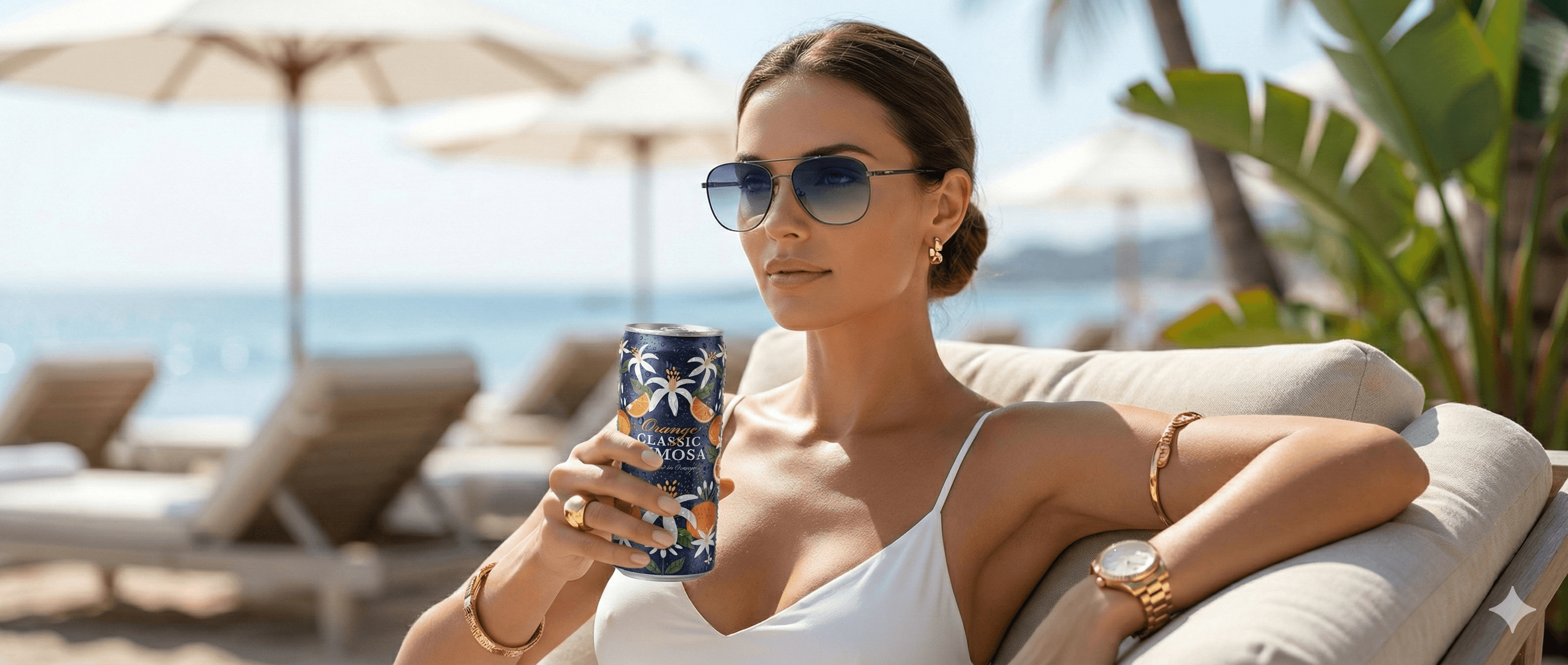 Woman enjoying Camimosa at a sunny Cape Town beach lounge