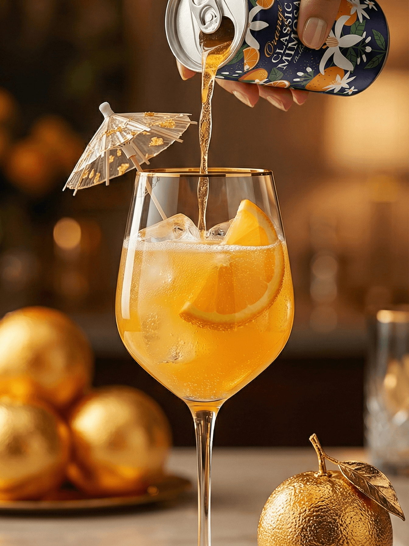 Hand pouring Camimosa into a wine glass with golden oranges